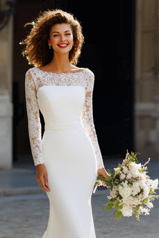 White Sweep Train Chiffon Mermaid Wedding Dress with Sleeves