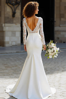 White Sweep Train Chiffon Mermaid Wedding Dress with Sleeves
