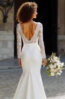 Load image into Gallery viewer, White Sweep Train Chiffon Mermaid Wedding Dress with Sleeves