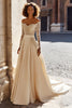 Load image into Gallery viewer, Sparkly Champagne Satin Off the Shoulder Sweep Train Wedding Dress with Sleeves