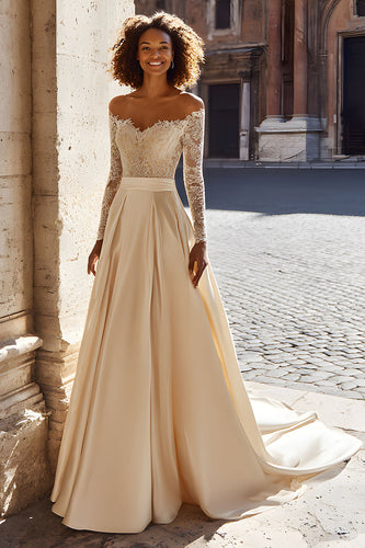 Sparkly Champagne Satin Off the Shoulder Sweep Train Wedding Dress with Sleeves
