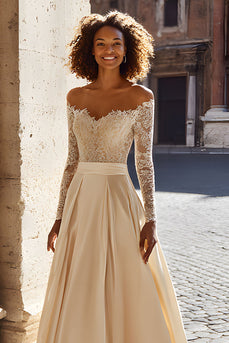 Sparkly Champagne Satin Off the Shoulder Sweep Train Wedding Dress with Sleeves