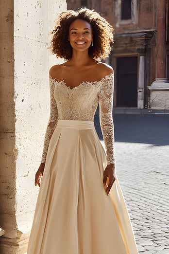 Sparkly Champagne Satin Off the Shoulder Sweep Train Wedding Dress with Sleeves