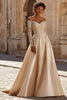 Load image into Gallery viewer, Champagne Satin Princess Long Sleeves Floral Lace Wedding Dress with Sweep Train