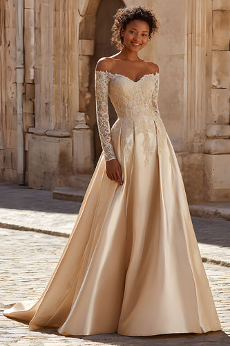 Champagne Satin Princess Long Sleeves Floral Lace Wedding Dress with Sweep Train