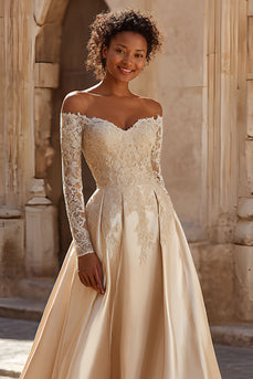 Champagne Satin Princess Long Sleeves Floral Lace Wedding Dress with Sweep Train