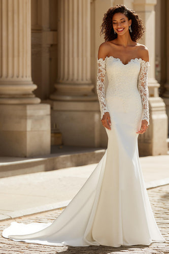 Ivory Mermaid Sweep Train Long Sleeves Wedding Dress