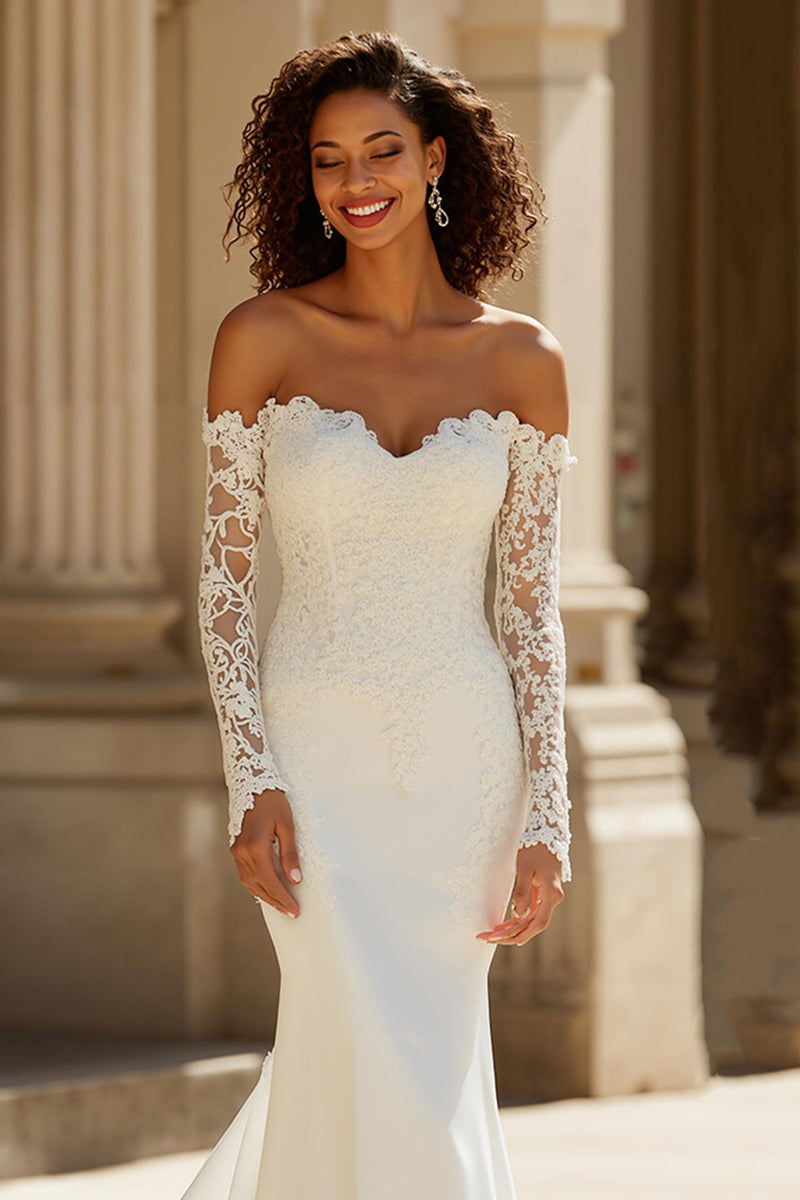 Load image into Gallery viewer, Ivory Mermaid Sweep Train Long Sleeves Wedding Dress