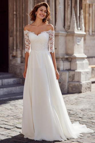 White Chiffon A-Line Off the Shoulder Wedding Dress with Sleeves