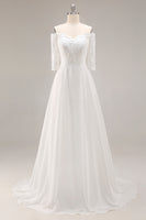 Load image into Gallery viewer, White Chiffon A-Line Off the Shoulder Wedding Dress with Sleeves