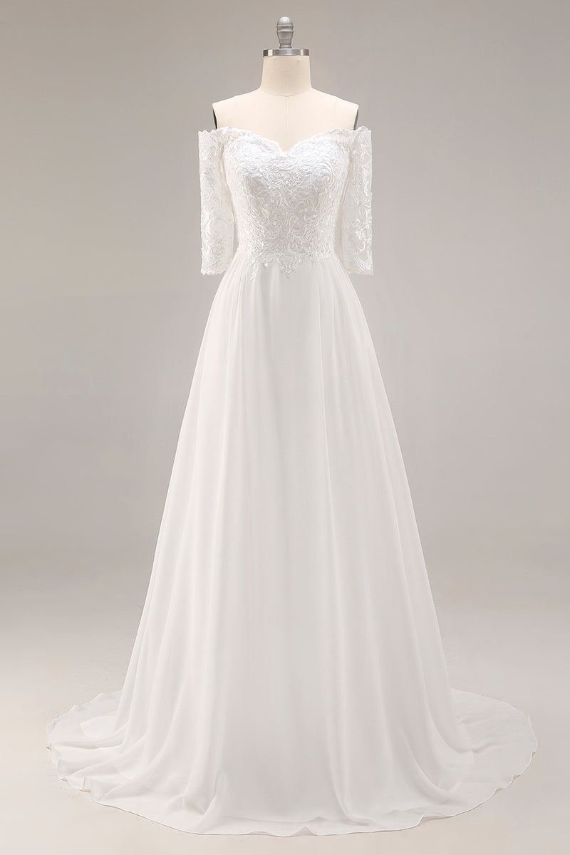 Load image into Gallery viewer, White Chiffon A-Line Off the Shoulder Wedding Dress with Sleeves