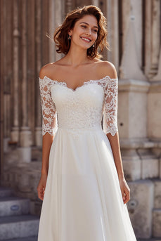 White Chiffon A-Line Off the Shoulder Wedding Dress with Sleeves