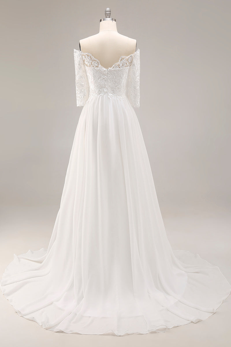 Load image into Gallery viewer, White Chiffon A-Line Off the Shoulder Wedding Dress with Sleeves