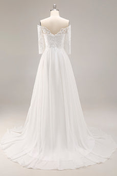 Ivory Organza Off the Shoulder Floor Length Ball Gown Wedding Dress with Lace