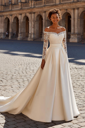 Ivory Satin Off the Shoulder Sweep Train Princess Wedding Dress with Sleeves