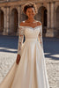 Load image into Gallery viewer, Ivory Satin Off the Shoulder Sweep Train Princess Wedding Dress with Sleeves