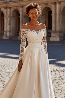 Ivory Satin Off the Shoulder Sweep Train Princess Wedding Dress with Sleeves