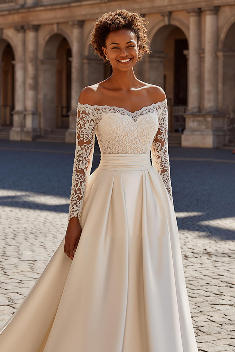 Load image into Gallery viewer, Ivory Satin Off the Shoulder Sweep Train Princess Wedding Dress with Sleeves