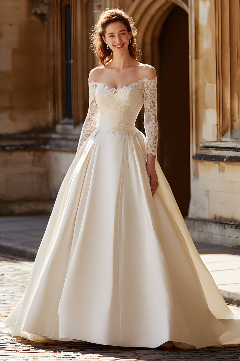 Load image into Gallery viewer, Ivory Princess Satin Off the Shoulder Ball Gown Wedding Dress with Sleeves