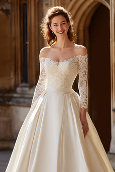 Ivory Princess Satin Off the Shoulder Ball Gown Wedding Dress with Sleeves