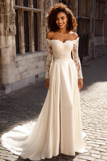 Ivory Off the Shoulder Satin Long Sleeves A-Line Wedding Dress