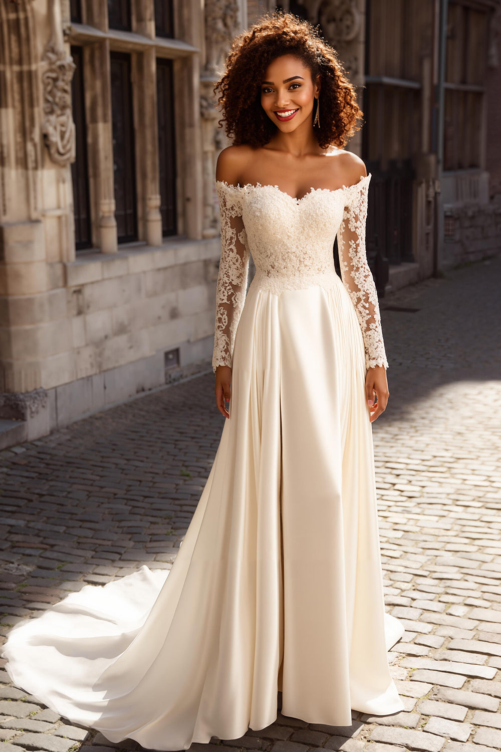Ivory Off the Shoulder Satin Long Sleeves A-Line Wedding Dress