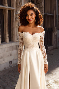 Ivory Off the Shoulder Satin Long Sleeves A-Line Wedding Dress