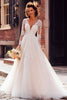 Load image into Gallery viewer, Ivory Tulle V-Neck Long Sleeves Princess Wedding Dress with Appliques