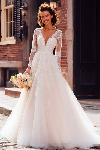 Ivory Tulle V-Neck Long Sleeves Princess Wedding Dress with Appliques