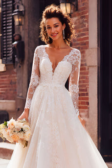Ivory Tulle V-Neck Long Sleeves Princess Wedding Dress with Appliques