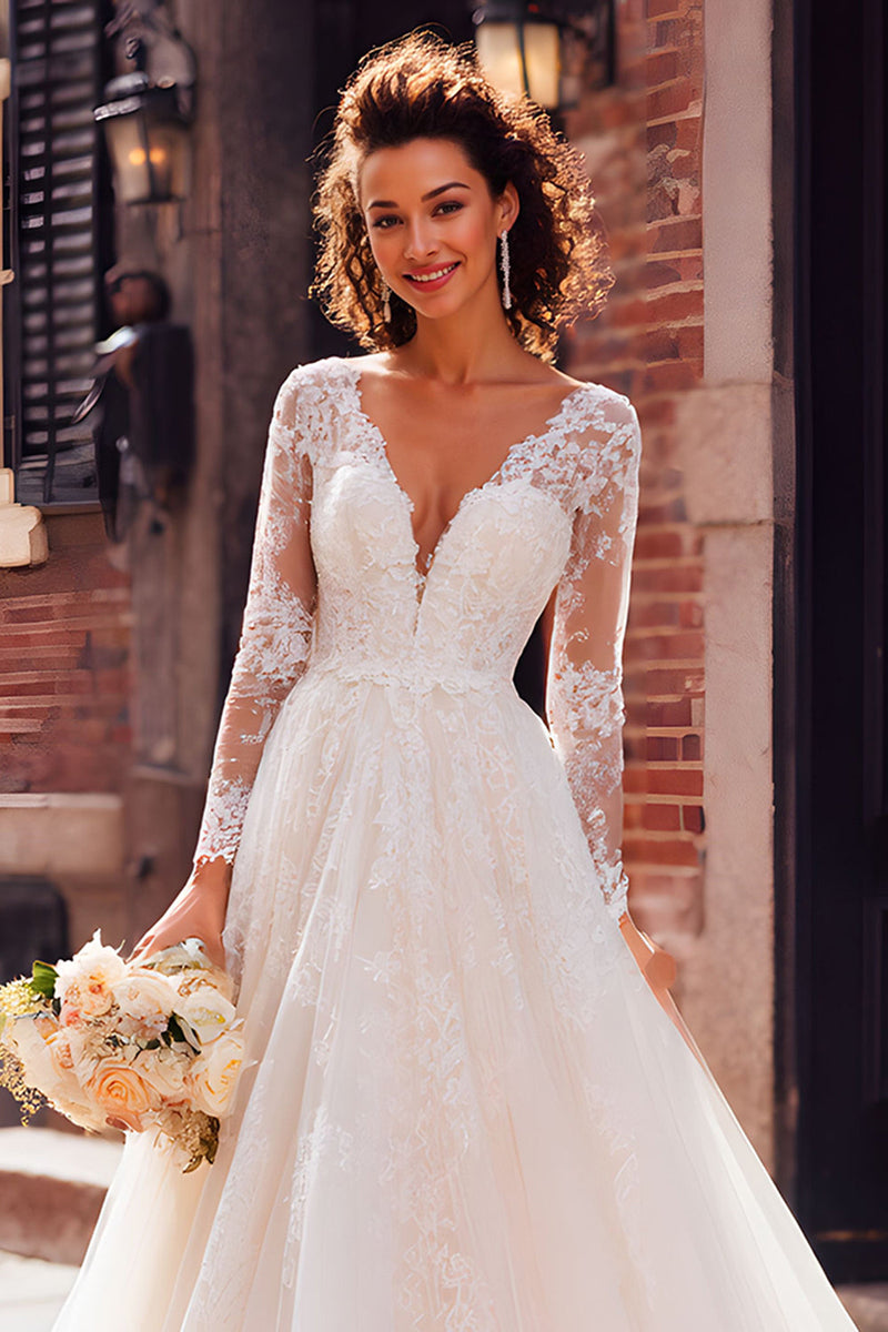Load image into Gallery viewer, Ivory Tulle V-Neck Long Sleeves Princess Wedding Dress with Appliques