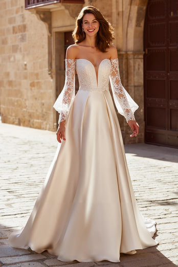 Ivory Off the Shoulder Satin Princess Wedding Dress with Sleeves