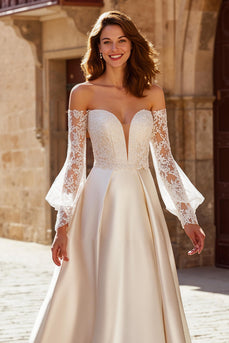 Ivory Off the Shoulder Satin Princess Wedding Dress with Sleeves