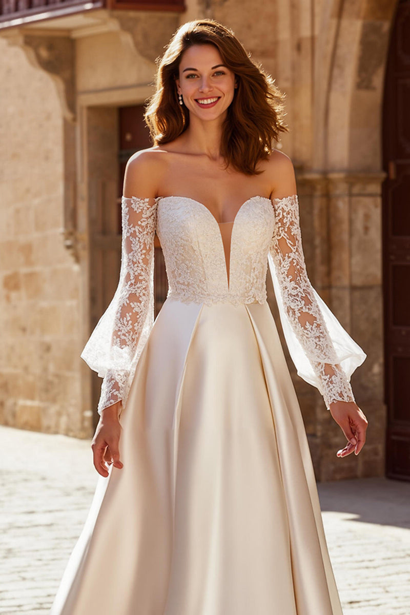 Load image into Gallery viewer, Ivory Off the Shoulder Satin Princess Wedding Dress with Sleeves