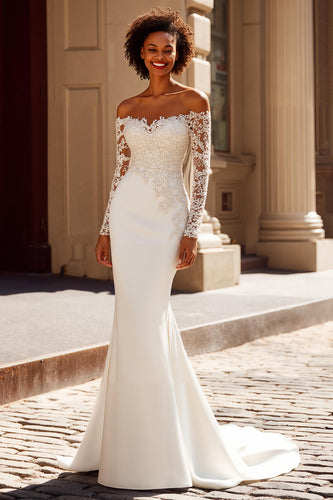 Ivory Off the Shoulder Satin Mermaid Sweep Train Wedding Dress with Sleeves