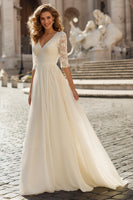 Load image into Gallery viewer, Ivory Chiffon V-Neck Half Sleeves A-Line Wedding Dress with Sleeves