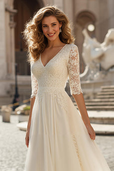 Ivory Chiffon V-Neck Half Sleeves A-Line Wedding Dress with Sleeves