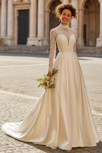 Ivory Satin High Neck Princess Sweep Train Wedding Dress with Sleeves