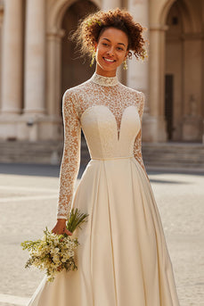 Ivory Satin High Neck Princess Sweep Train Wedding Dress with Sleeves