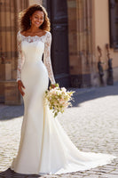 Load image into Gallery viewer, White Mermaid Chiffon Boat Neck Sweep Train Wedding Dress with Sleeves