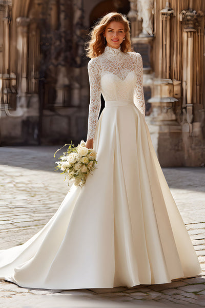 Women Ivory Princess Wedding Dress with Lace Satin Sweep Train High Neck Long Sleeves Bridal Dress