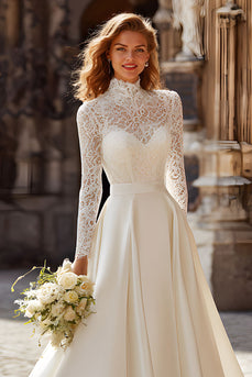 Ivory Satin High Neck Princess Long Sleeves Wedding Dress