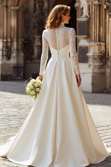 Ivory Satin High Neck Princess Long Sleeves Wedding Dress