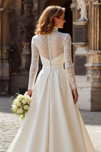 Ivory Satin High Neck Princess Long Sleeves Wedding Dress