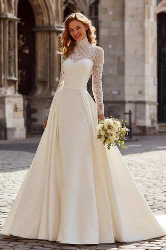 Ivory Satin High Neck Ball Gown Long Sleeves Sweep Train Wedding Dress