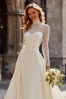 Ivory Satin High Neck Ball Gown Long Sleeves Sweep Train Wedding Dress