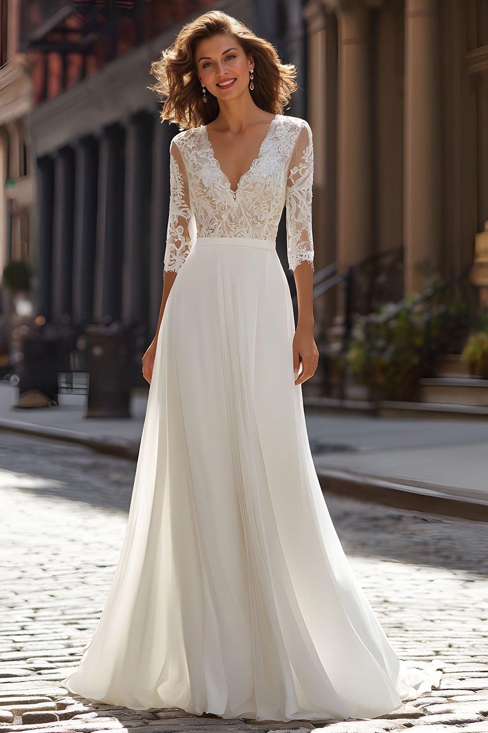 Ivory Chiffon V-Neck A-Line Half Sleeves Wedding Dress