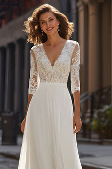 Ivory Chiffon V-Neck A-Line Half Sleeves Wedding Dress