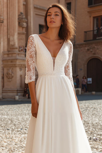 Simple Ivory A-Line V-Neck Chiffon Wedding Dress with Sleeves