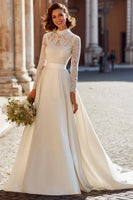 Load image into Gallery viewer, Vintage Ivory Satin High Neck Ball Gown Wedding Dress with Sleeves